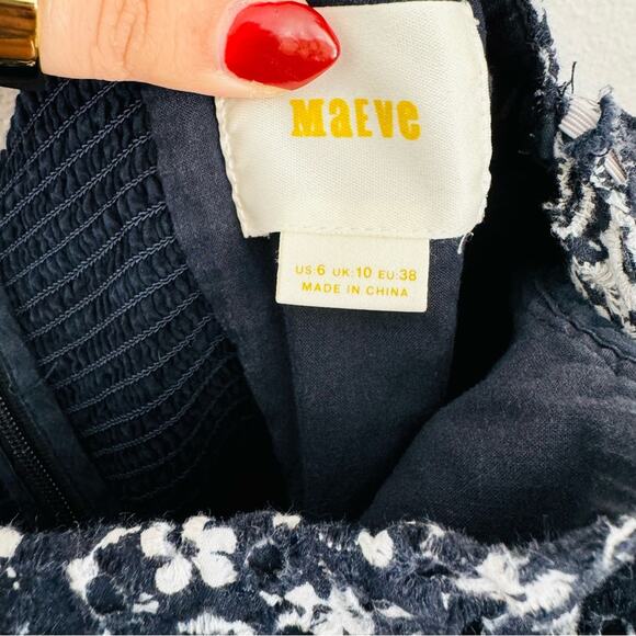 ANTHROPOLOGIE MAEVE Navy Blue White Floral Eyelet Lace Zip Mini Babydoll Dress 6 - Picture 5 of 9